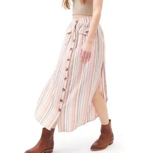 Urban Outfitters Carson Linen Blend Button Front Striped Midi Skirt Medium